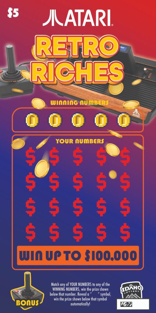 Atari Retro Riches $5 scratch ticket. Win up to $100,000. Cold coins winning numbers, red dollar signs your numbers.